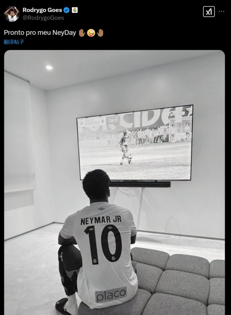  罗德里戈社媒晒守候电视机照：已为我的内马尔之日做好准备